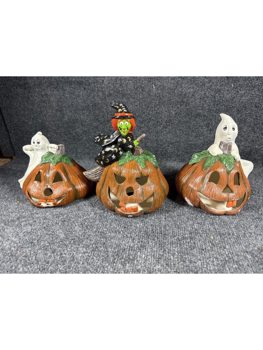 Halloween Ceramic Jack O Lantern Pumpkin Ghost Witch Figurines Set of 3